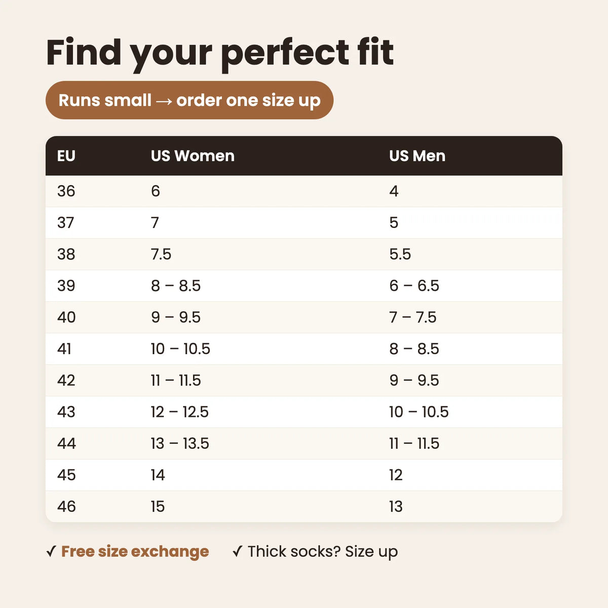 Barecozy size chart: runs small, order one size up