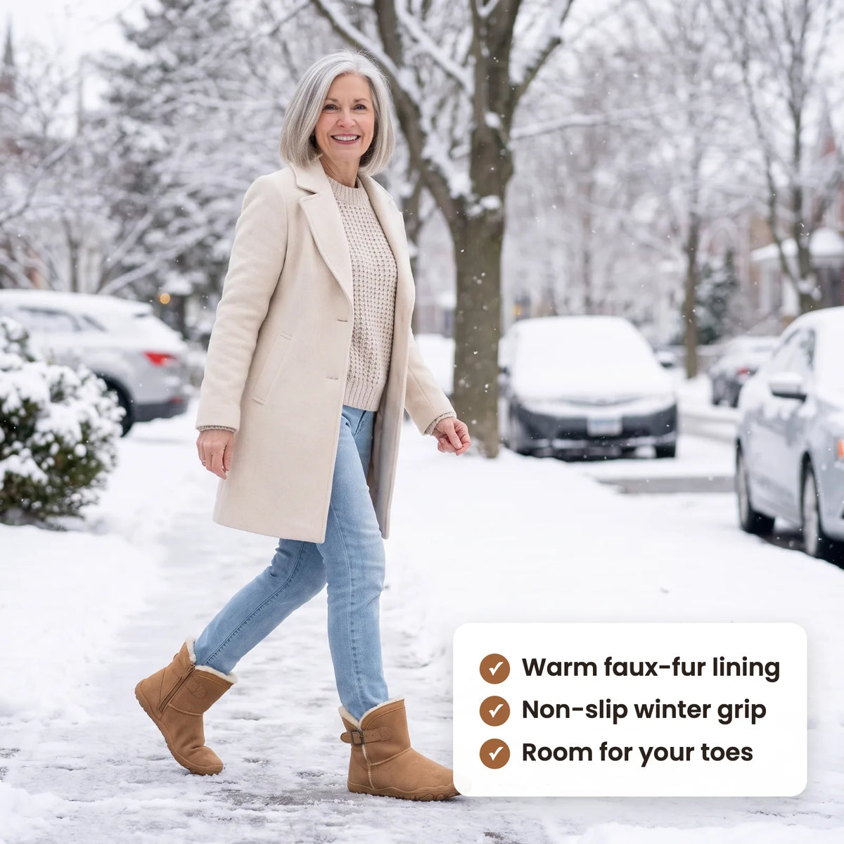 Woman walking in the snow in Barecozy Winter Boots