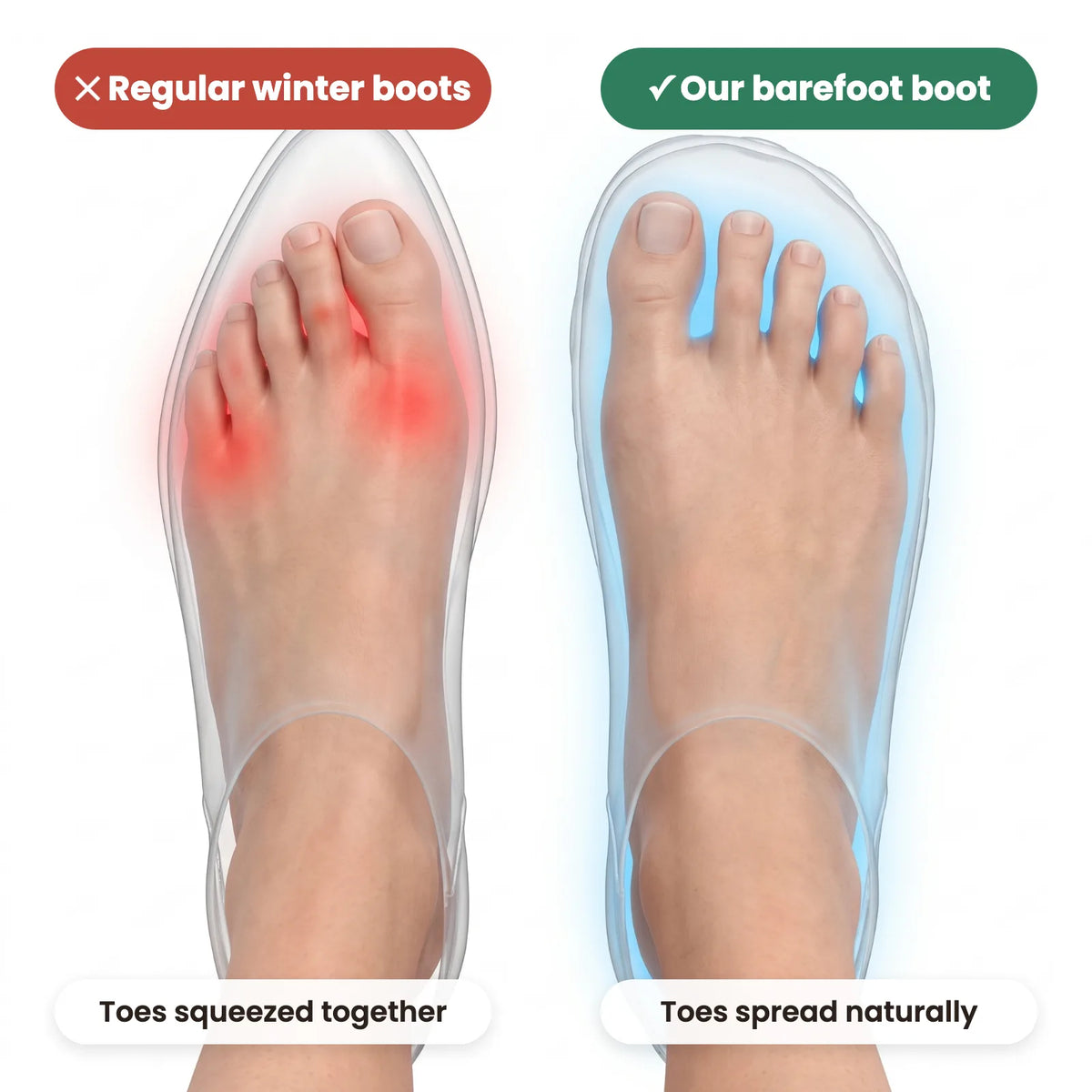 Regular winter boots squeeze the toes, Barecozy gives them room