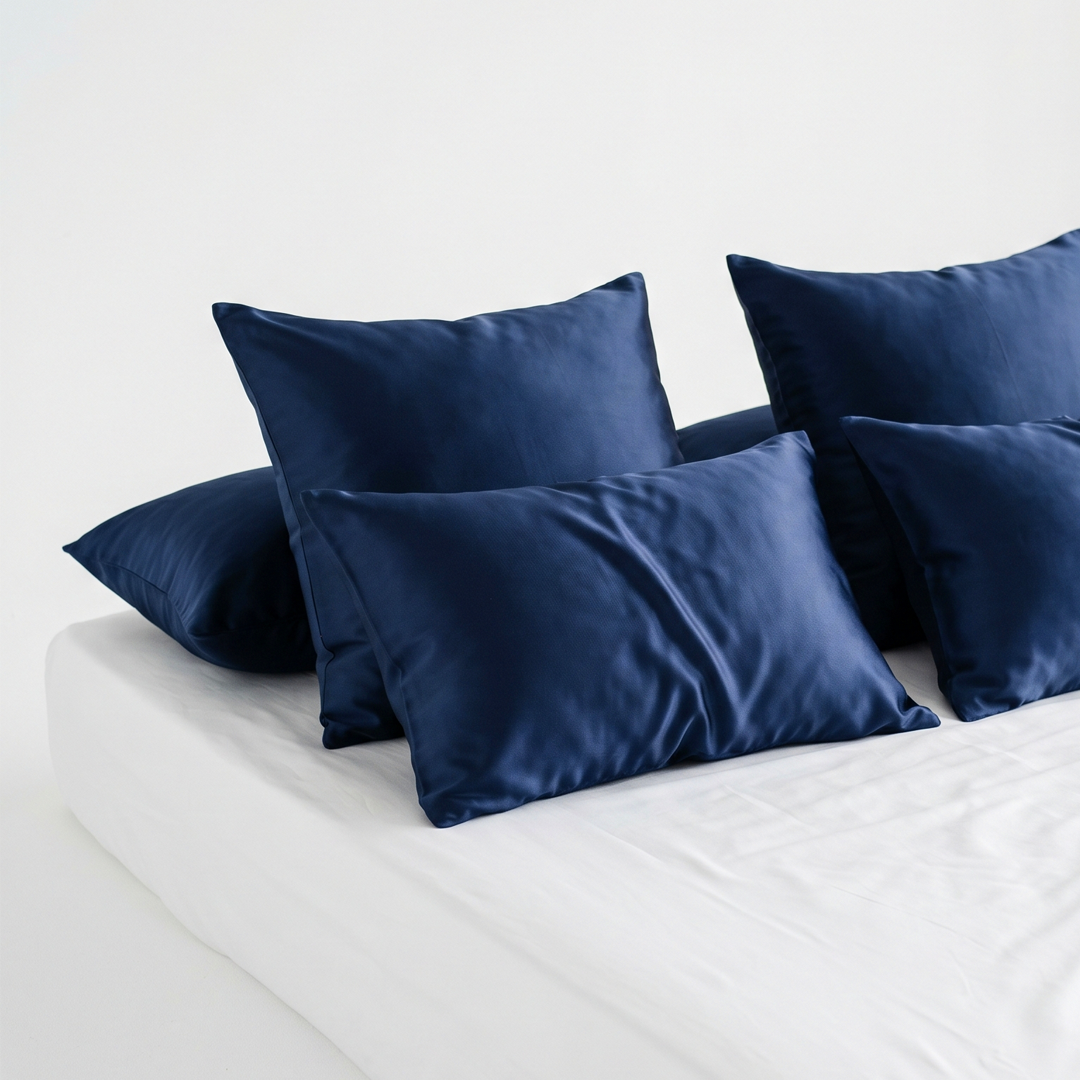 Federe in seta di gelso blu su un letto bianco