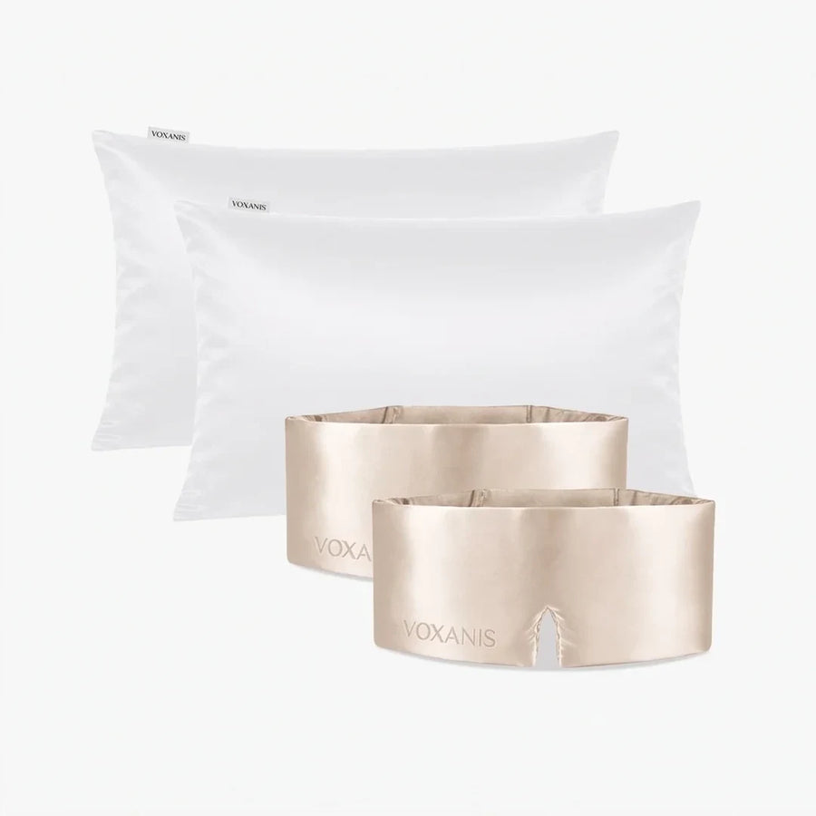 Pacchetto Coppia da Sogno Voxanis: 2 federe Latte d'Avorio e 2 mascherine, Perla di Champagne x2