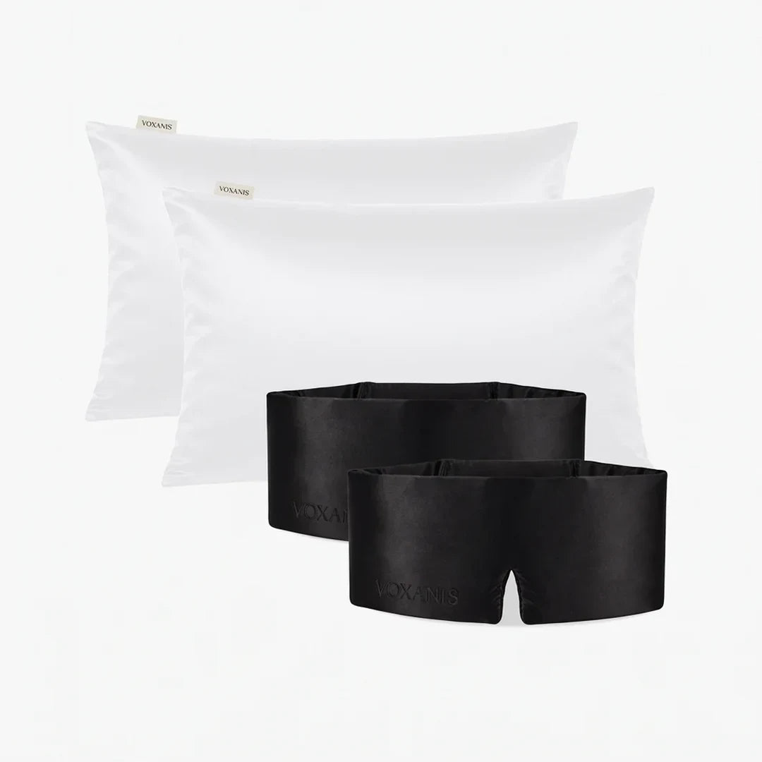 Pacchetto Coppia da Sogno Voxanis: 2 federe Latte d'Avorio e 2 mascherine, Velluto Nero x2
