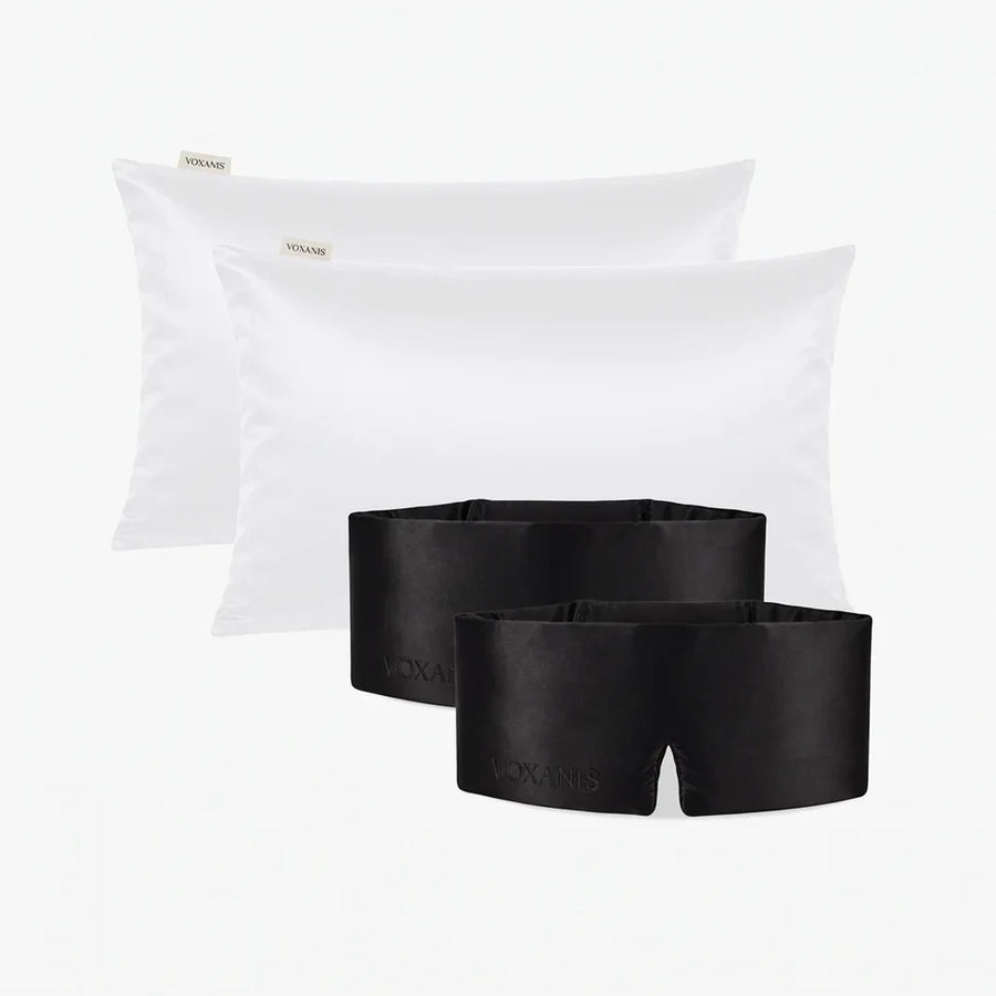 Pacchetto Coppia da Sogno Voxanis: 2 federe Latte d'Avorio e 2 mascherine, Velluto Nero x2