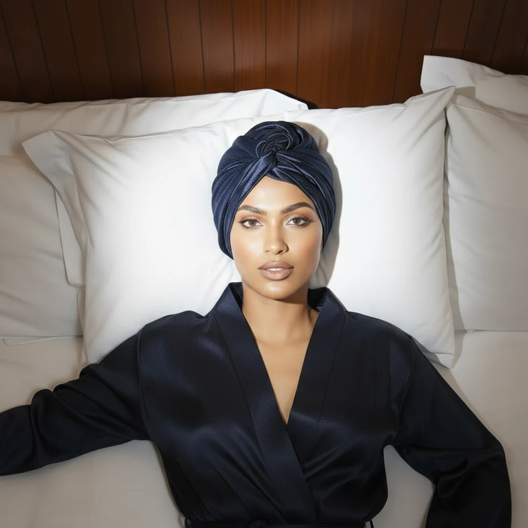 Cuffia in seta Blu Mezzanotte indossata a letto