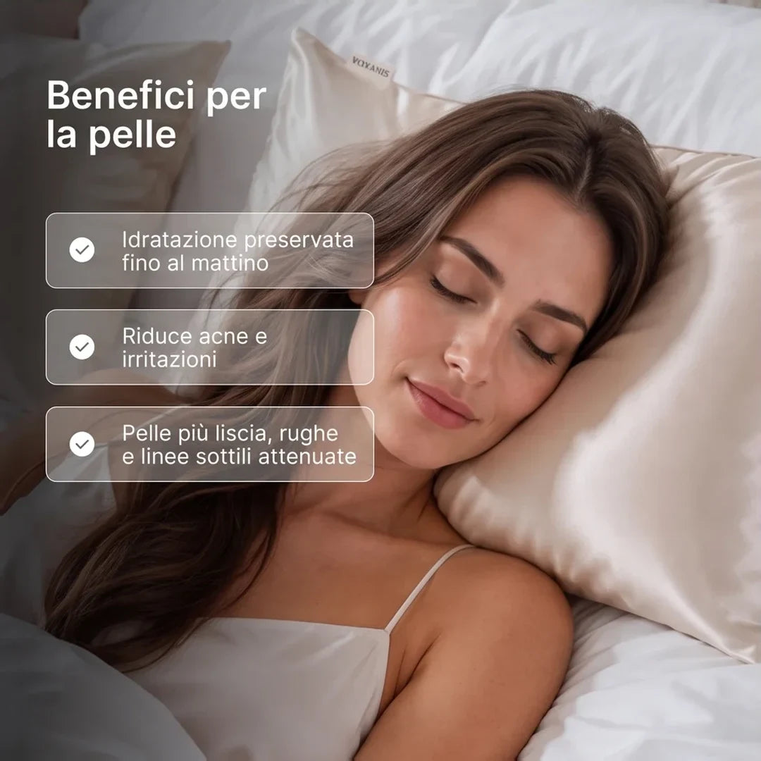 Benefici per la pelle con la federa in seta Perla di Champagne: idratazione, meno acne e irritazioni, pelle più liscia